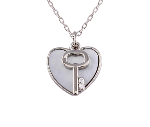 COLLIER COEUR/CLÉ EN ARGENT RHODIÉ SERTI DE NACRE DE PERLE ET DE CUBIQUES ZIRCONIAS - SP STP01757 - BIJOUX D'IMPORTATION