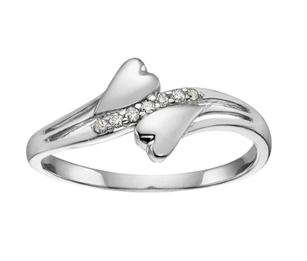 BAGUE 2 COEURS EN OR 10K BLANC SERTIE DE DIAMANTS - CR DD2588 - BIJOUX CANADIEN