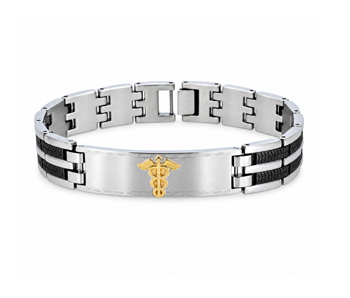 BRACELET MÉDICAL EN ACIER/PVD NOIR 2TONS ET OR 10K - WB BMD469 - MEDICO BELLO