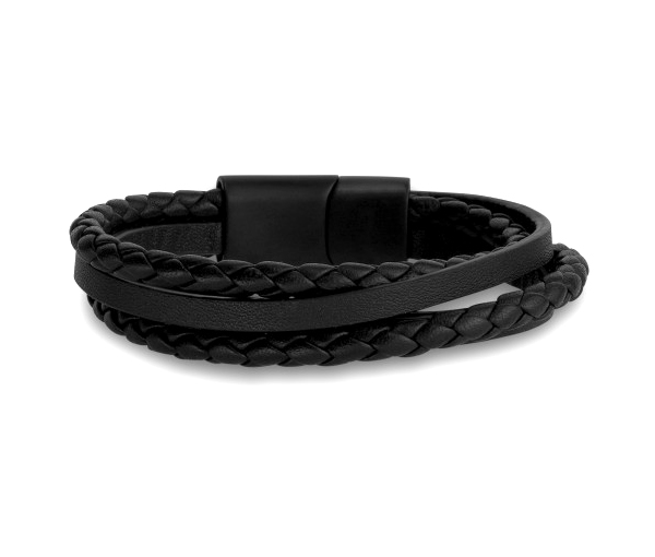 BRACELET 3 RANGS EN ACIER/PVD NOIR ET CUIR