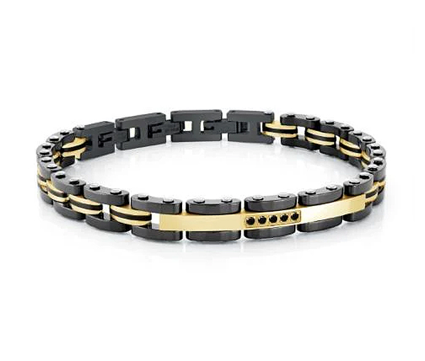 BRACELET EN ACIER/PVD OR ET CÉRAMIQUE NOIR SERTI DE CUBIQUES ZIRCONIAS NOIRS - IG SMB566 - ITALGEM