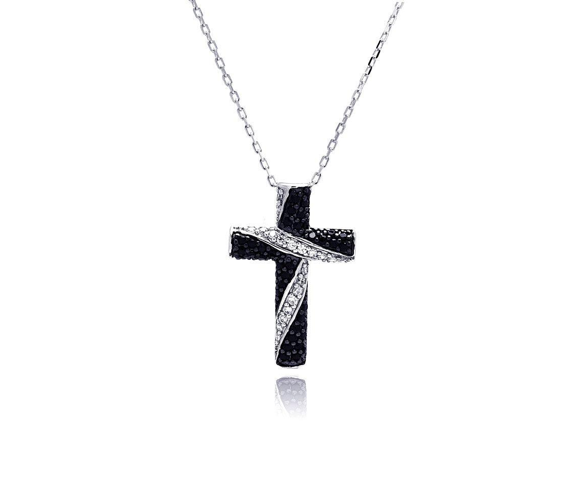 PENDENTIF CROIX AVEC CZ NOIRS ET BLANCS - SP BGP00487 - BIJOUX D'IMPORTATION