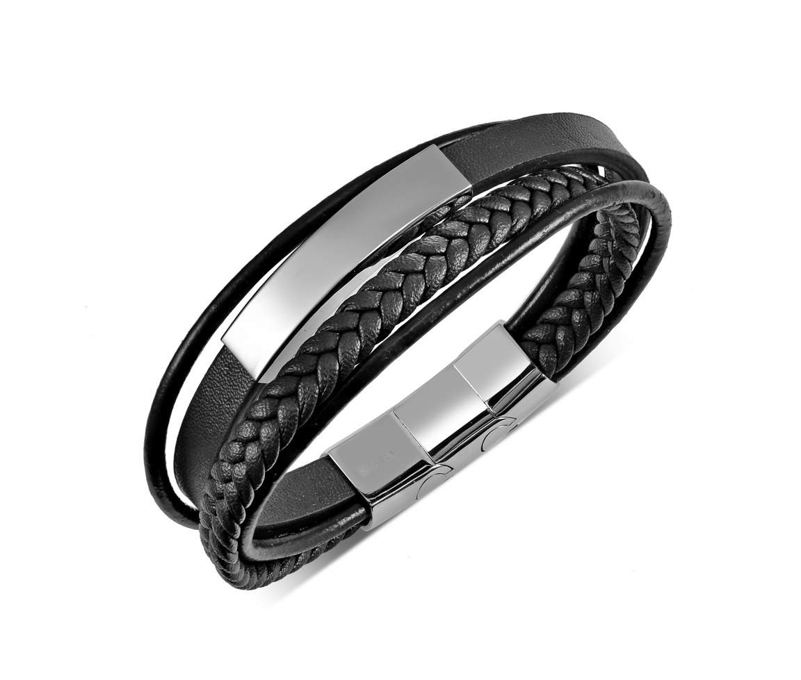 bracelet acier cuir noir multi strap 8.5+0.5