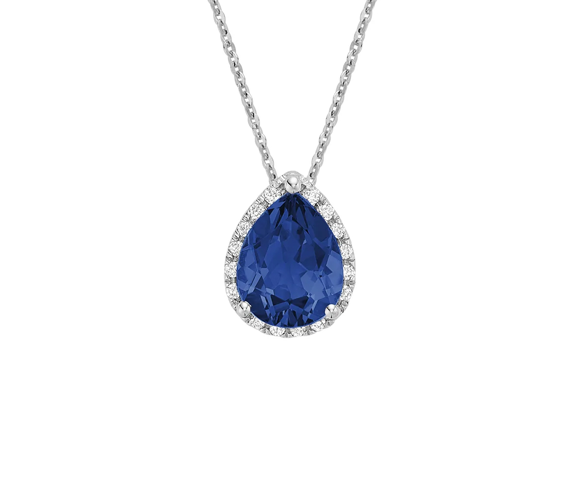 PENDENTIF EN OR 10K BLANC SERTI D'UN SAPHIR DE LABORATOIRE ET DE DIAMANTS - BR 09041035CBS - Bijoux d'importation