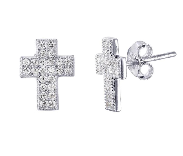 BOUCLES FIXES CROIX EN ARGENT RHODIÉ SERTIES D'UN PAVÉ DE CUBIQUES ZIRCONIAS - SP STE01021 - BIJOUX D'IMPORTATION
