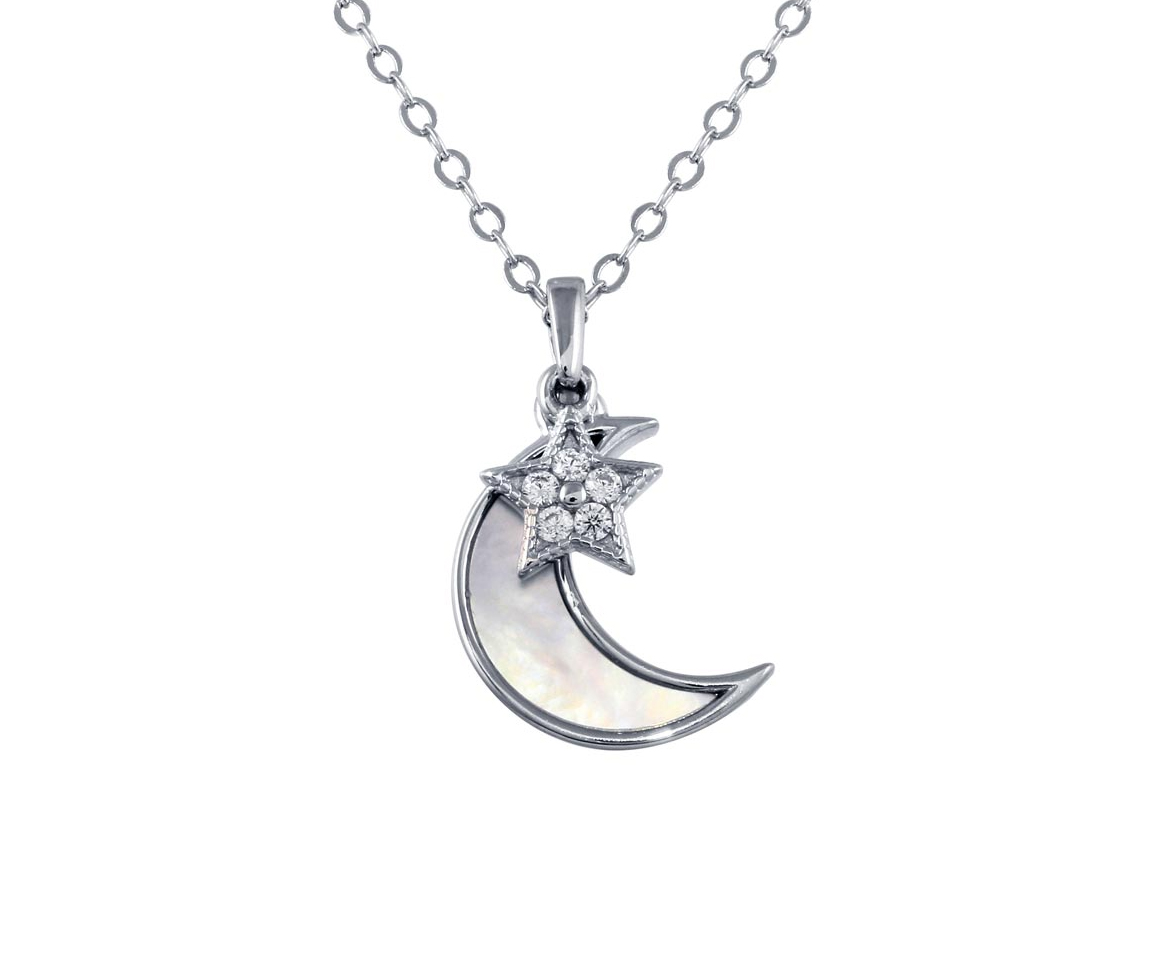 PENDENTIF ÉTOILE ET LUNE EN ARGENT RHODIÉ SERTI DE CUBIQUES ZIRCONIAS ET DE NACRE DE PERLE - SP STP01756 - BIJOUX D'IMPORTATION