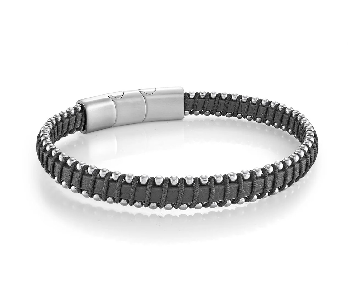 BRACELET EN ACIER CUIR NOIR ET CORDE TRESSÉE - IG SLB623 - ITALGEM
