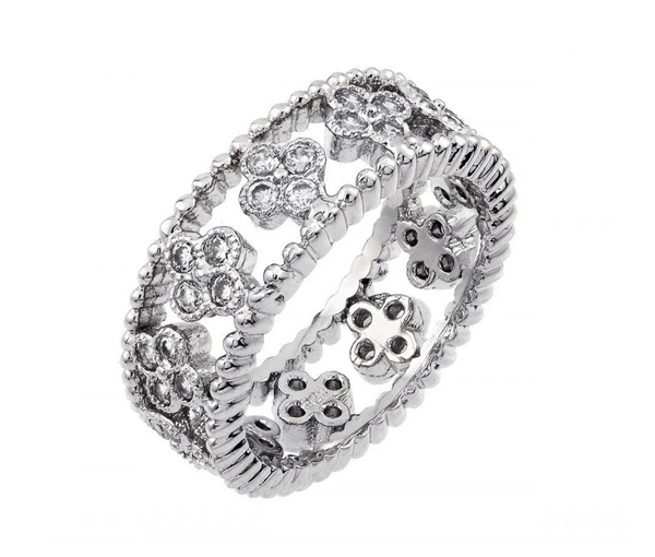 JONC ÉTERNITÉ EN ARGENT RHODIÉ MOTIF TRÈFLES SERTI DE CUBIQUES ZIRCONIAS - SP BGR00893/8 - BIJOUX D'IMPORTATION