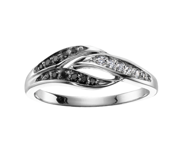 BAGUE EN OR 10K BLANC SERTIE DE DIAMANTS NOIRS ET BLANCS - CR DD2525 - BIJOUX CANADIEN