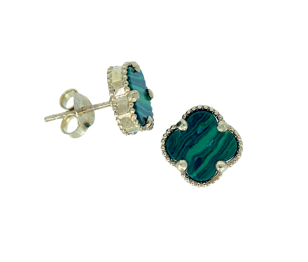 BOUCLES TRÈFLES EN OR SERTIES DE MALACHITE - MB TREBOMA - BIJOUX D'IMPORTATION