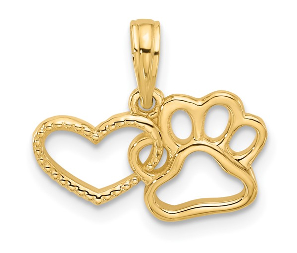 PENDENTIF EN OR JAUNE PATTE DE CHIEN OU CHAT ET COEUR AJOURÉS - QG D5602 - IMPORTATION