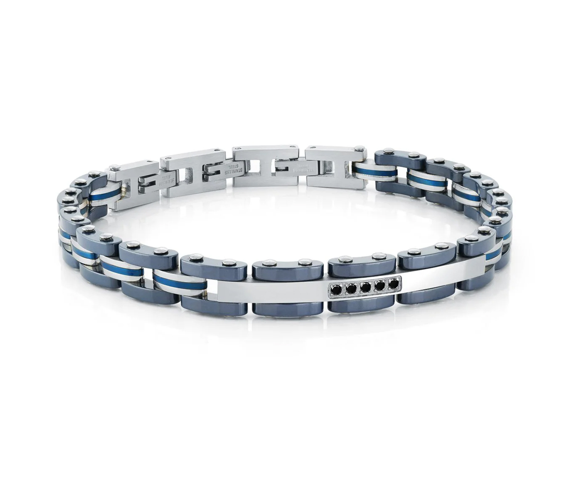 BRACELET EN ACIER/PVD BLEU 2 TONS ET CÉRAMIQUE SERTI DE CUBIQUES ZIRCONIAS NOIRS - IG SMB475 - ITALGEM
