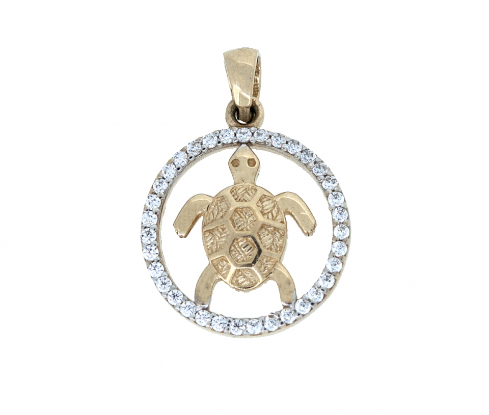 PENDENTIF TORTUE DANS CERCLE DE VIE EN OR JAUNE SERTI DE CUUBIQUES ZIRCONIAS - MB PEN228 - BIJOUX D'IMPORTATION