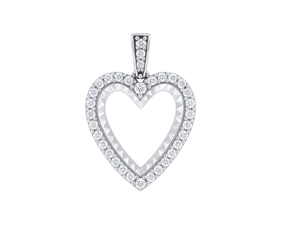 PENDENTIF COEUR AJOURÉ EN OR BLANC TAILLÉ DIAMANT SERTI DE CUBIQUES ZIRCONIAS - MB COEUR60 - BIJOUX D'IMPORTATION