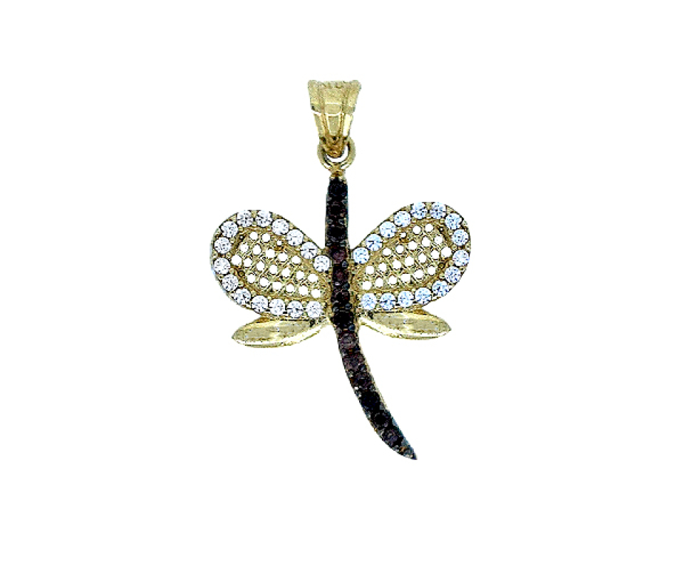PENDENTIF LIBELLULE EN OR JAUNE SERTI DE CUBIQUES ZIRCONIAS BLANC ET CHAMPAGNE - OR PEN27 - BIJOUTERIE SUISSE INC.