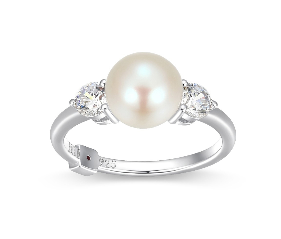 BAGUE EN ARGENT RHODIÉ SERTIE D'UNE PERLE D'EAU DOUCE ET DE CUBIQUES ZIRCONIAS - PJ R4LAJ245A8 - ELLE