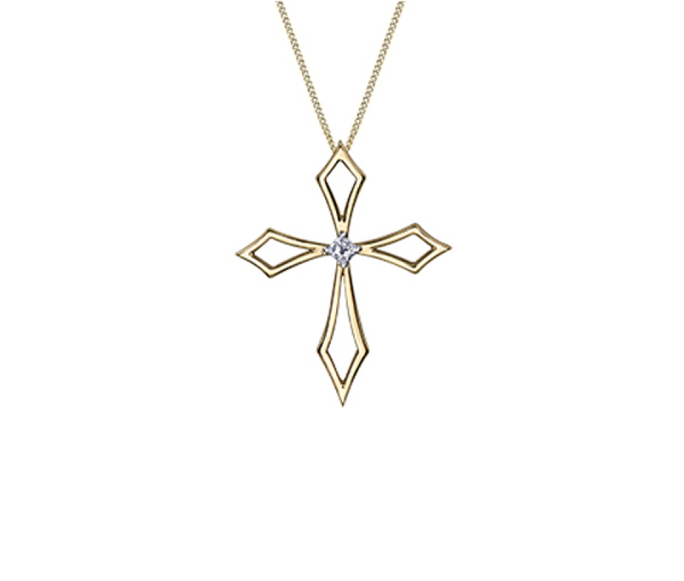 PENDENTIF CROIX AJOURÉE EN OR JAUNE SERTI D'UN DIAMANT CANADIEN - CR AM456 - DIAMANT CANADIEN