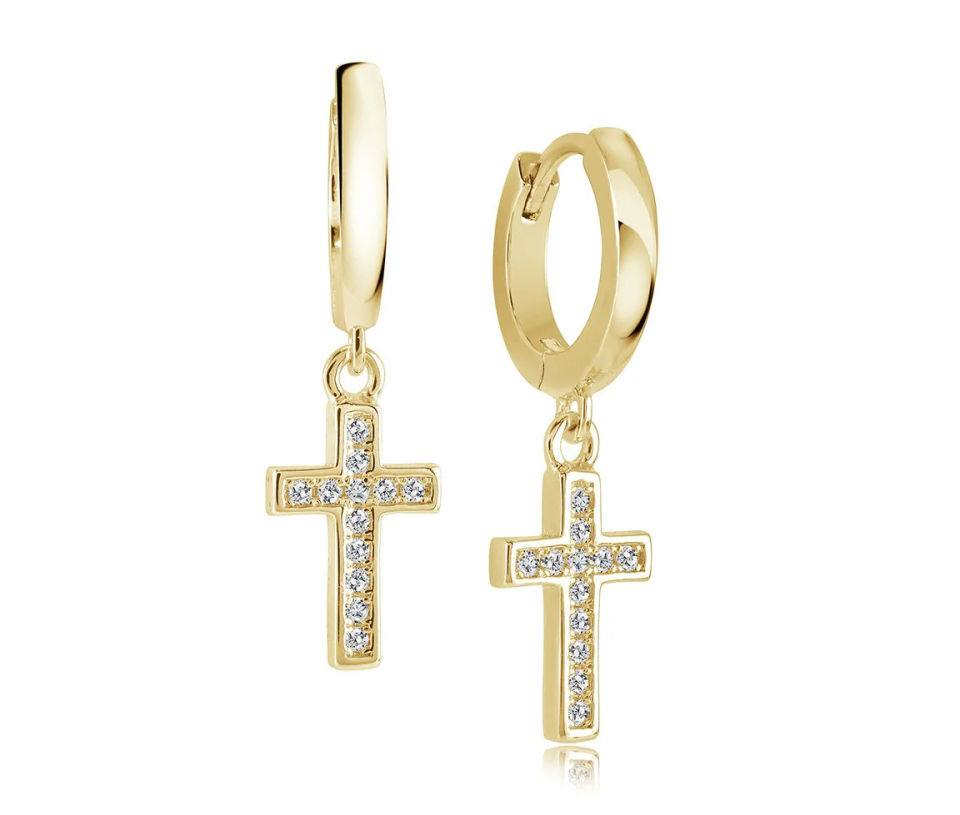 BOUCLES HUGGIES EN ACIER/PVD OR AVEC CROIX SERTIES DE CUBIQUES ZIRCONIAS - IG SEA399 - VELORIA