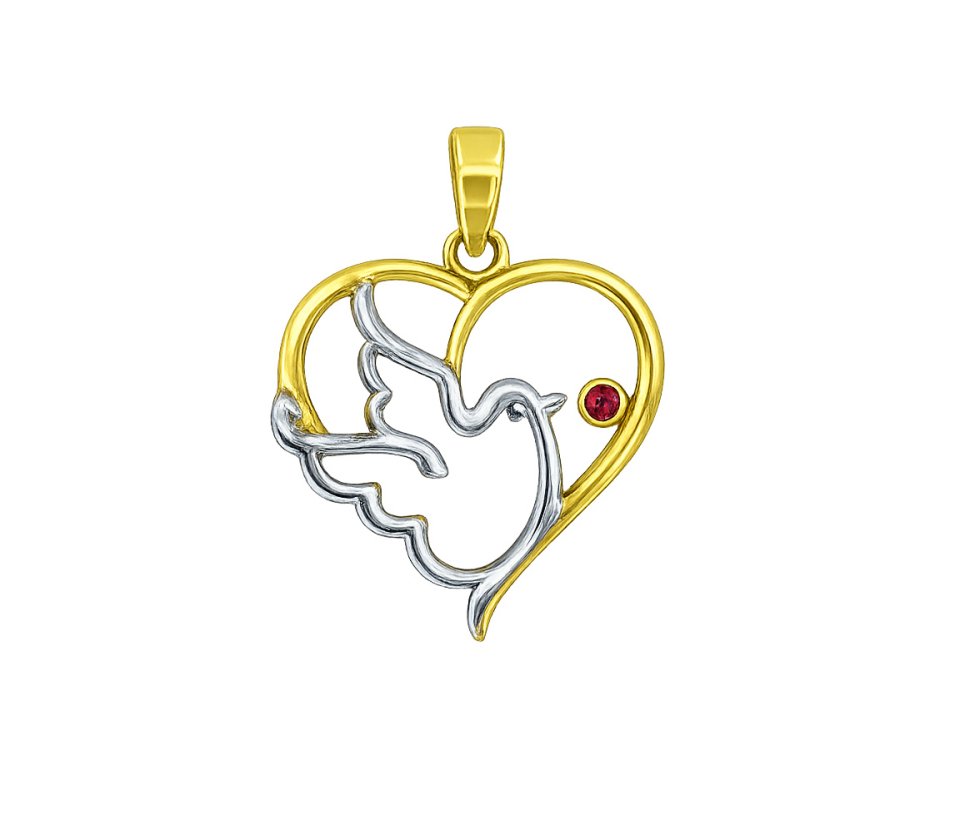 PENDENTIF COEUR ET COLOMBE EN OR JAUNE ET BLANC SERTI D'UN CUBIQUE ZIRCONIA ROUGE - MB COEUR92 - BIJOUX D'IMPORTATION