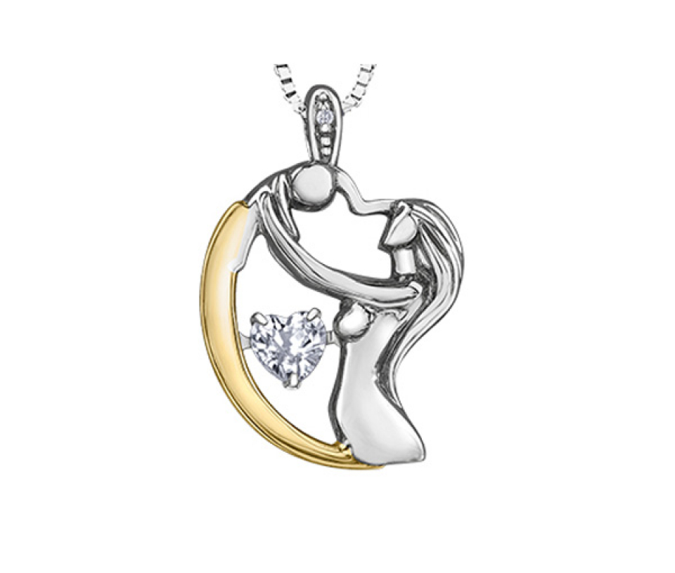 PENDENTIF MÈRE ET ENFANT EN ARGENT ET OR 10K JAUNE SERTI D'UN ZIRCON BLANC DANSANT ET D'UN DIAMANT - CR DD7829 - BIJOUX CANADIEN