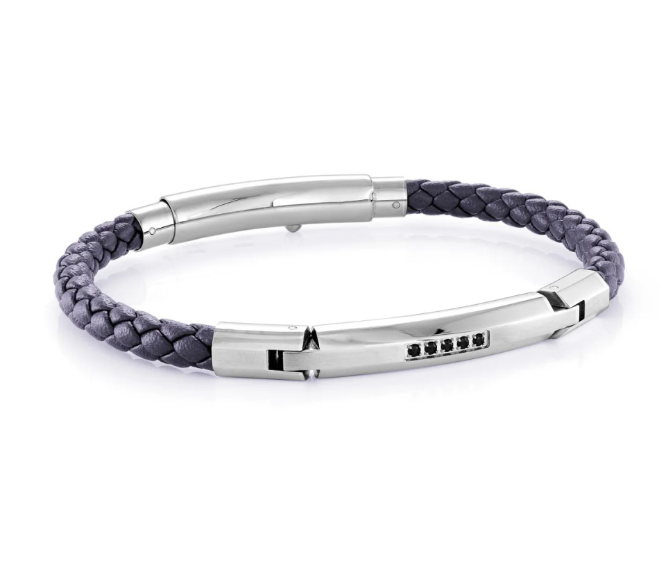 BRACELET EN CUIR TRESSÉ ET ACIER SERTI DE CUBIQUES ZIRCONIAS NOIRS - IG SLB465 - ITALGEM