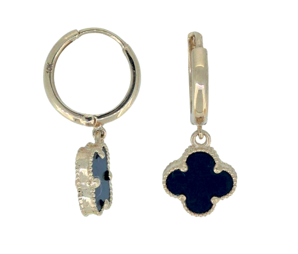 BOUCLES HUGGIES TRÈFLES EN OR JAUNE SERTIES D'ONYX - CB EY04501HBK - CBE