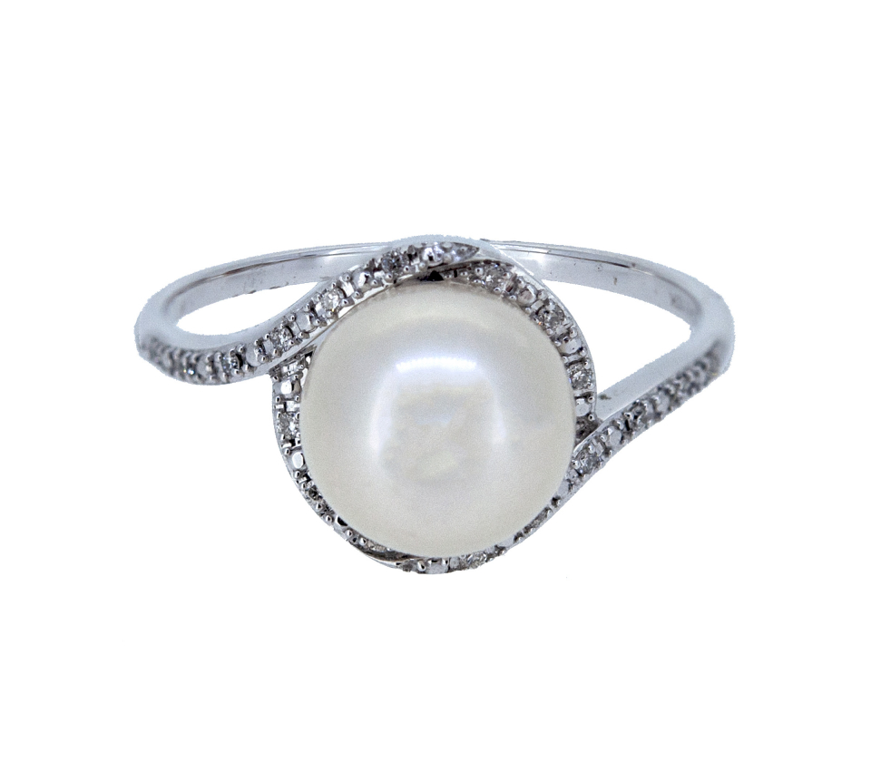 BAGUE EN OR 10K BLANC SERTIE D'UNE PERLE D'EAU DOUCE ET DE DIAMANTS - CG RF26776 - PERLE D'IMPORTATION