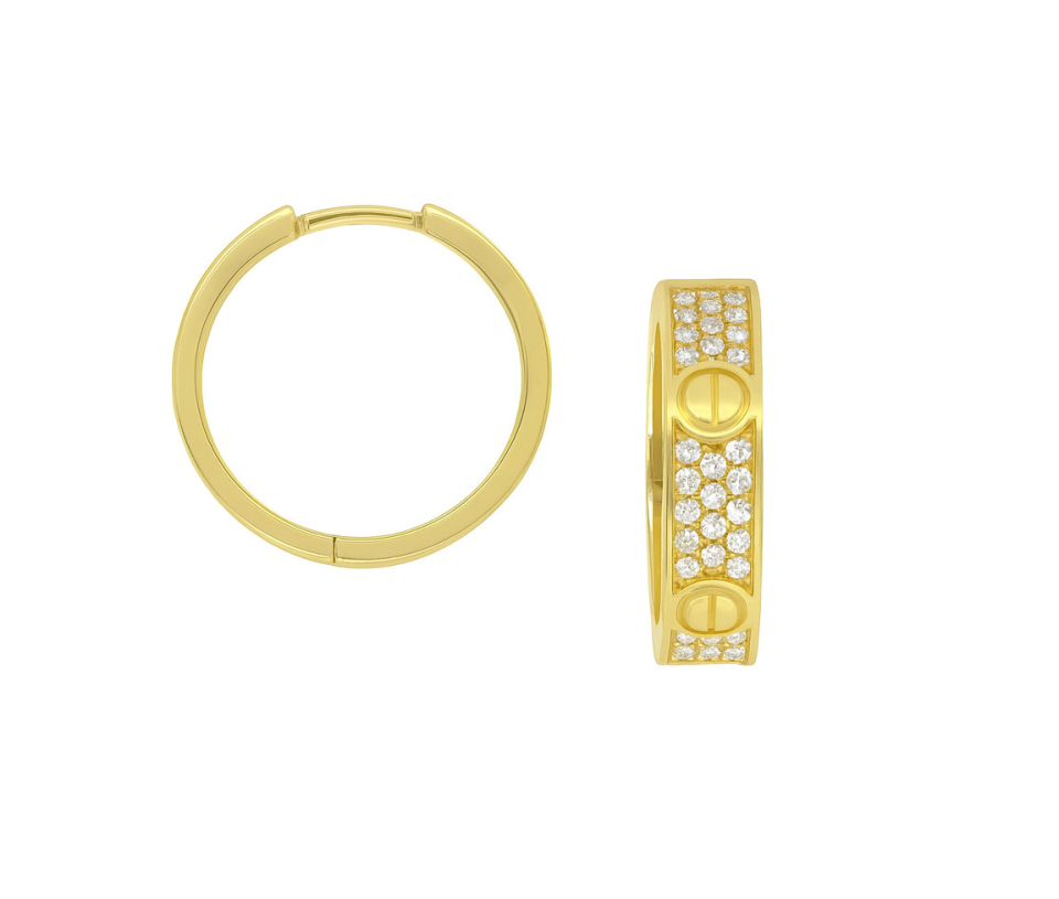 BOUCLES HUGGIES EN OR JAUNE AVEC ACCENT DU MOTIF CARTIER ET SERTIES DE CUBIQUES ZIRCONIAS - S BOU25 - BIJOUX D'IMPORTATION