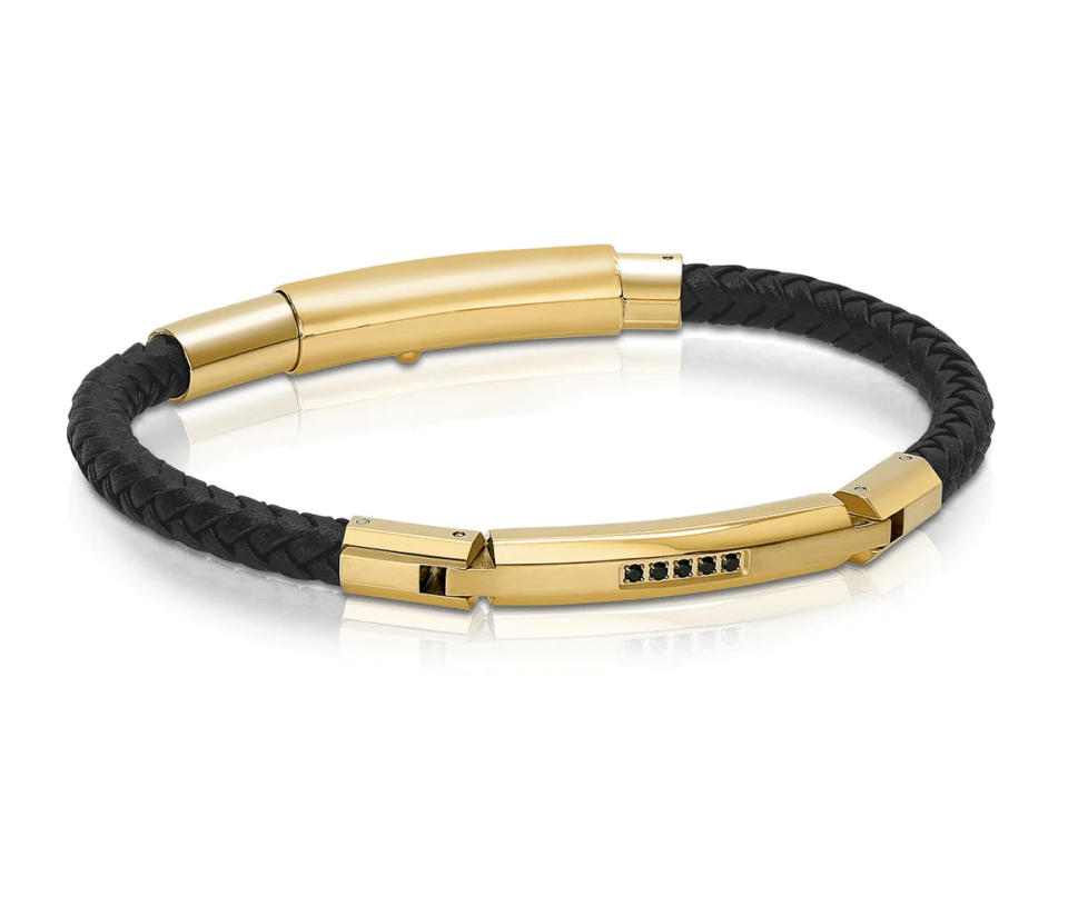 BRACELET EN CUIR TRESSÉ ET ACIER/PVD OR SERTI DE CUBIQUES ZIRCONIAS NOIRS - IG SLB276 - ITALGEM