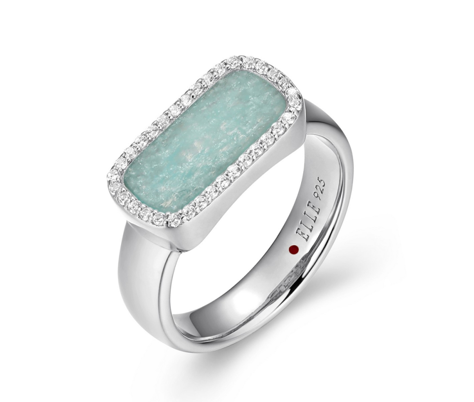BAGUE EN ARGENT RHODIÉ SERTIE D'AMAZONITE ET DE CUBIQUES ZIRCONIAS - PJ R4LAK4GUAC - ELLE