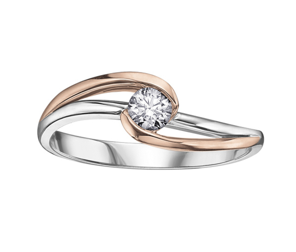 BAGUE EN OR 14K 2 TONS SERTIE D'UN DIAMANT CANADIEN - CR AM107WR23 - DIAMANT CANADIEN