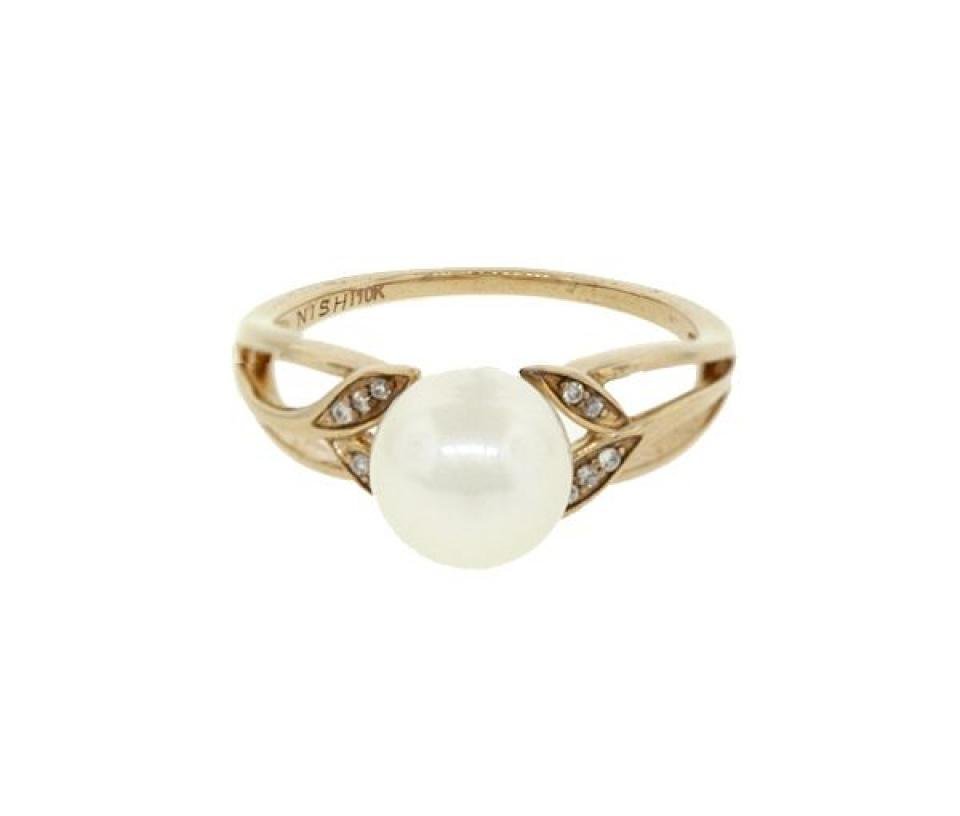 BAGUE EN OR 10K SERTIE D'UNE PERLE D'EAU DOUCE ET DE DIAMANTS - CG RF16714 - PERLE D'IMPORTATION