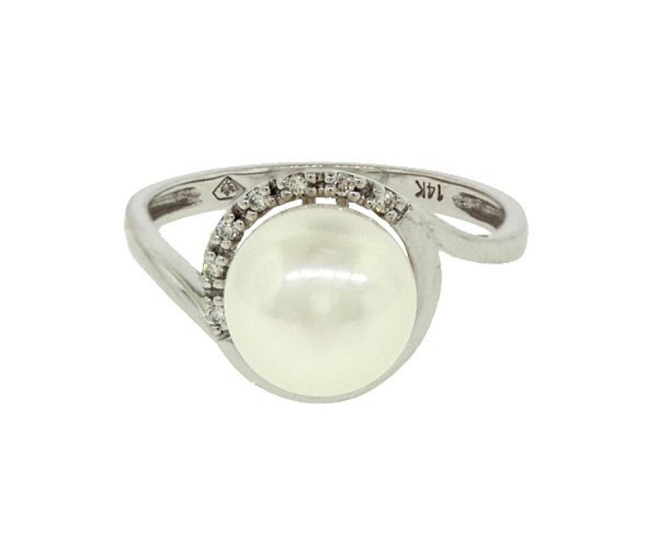 BAGUE EN OR 14K BLANC SERTIE D',UNE PERLE D'EAU DOUCE ET DE DIAMANTS - CG RF35040 - PERLE D'IMPORTATION