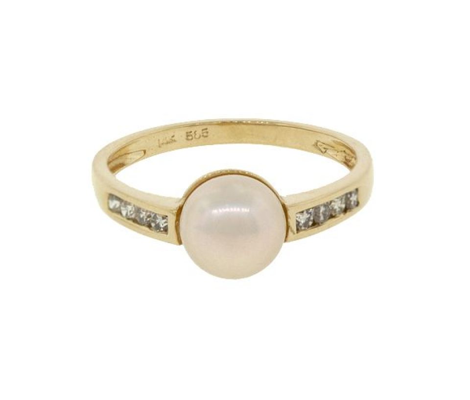 BAGUE EN OR 14K SERTIE D'UNE PERLE D'EAU DOUCE ET DE DIAMANTS - CG RF42481 - PERLE D'IMPORTATION
