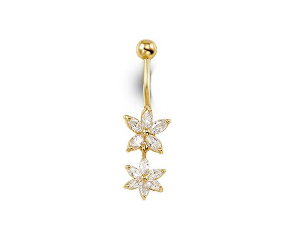BARBELLE DE NOMBRIL FLEURS EN OR 14K SERTIE DE CUBIQUES ZIRCONIAS - SY 7031 - BIJOUX D'IMPORTATION